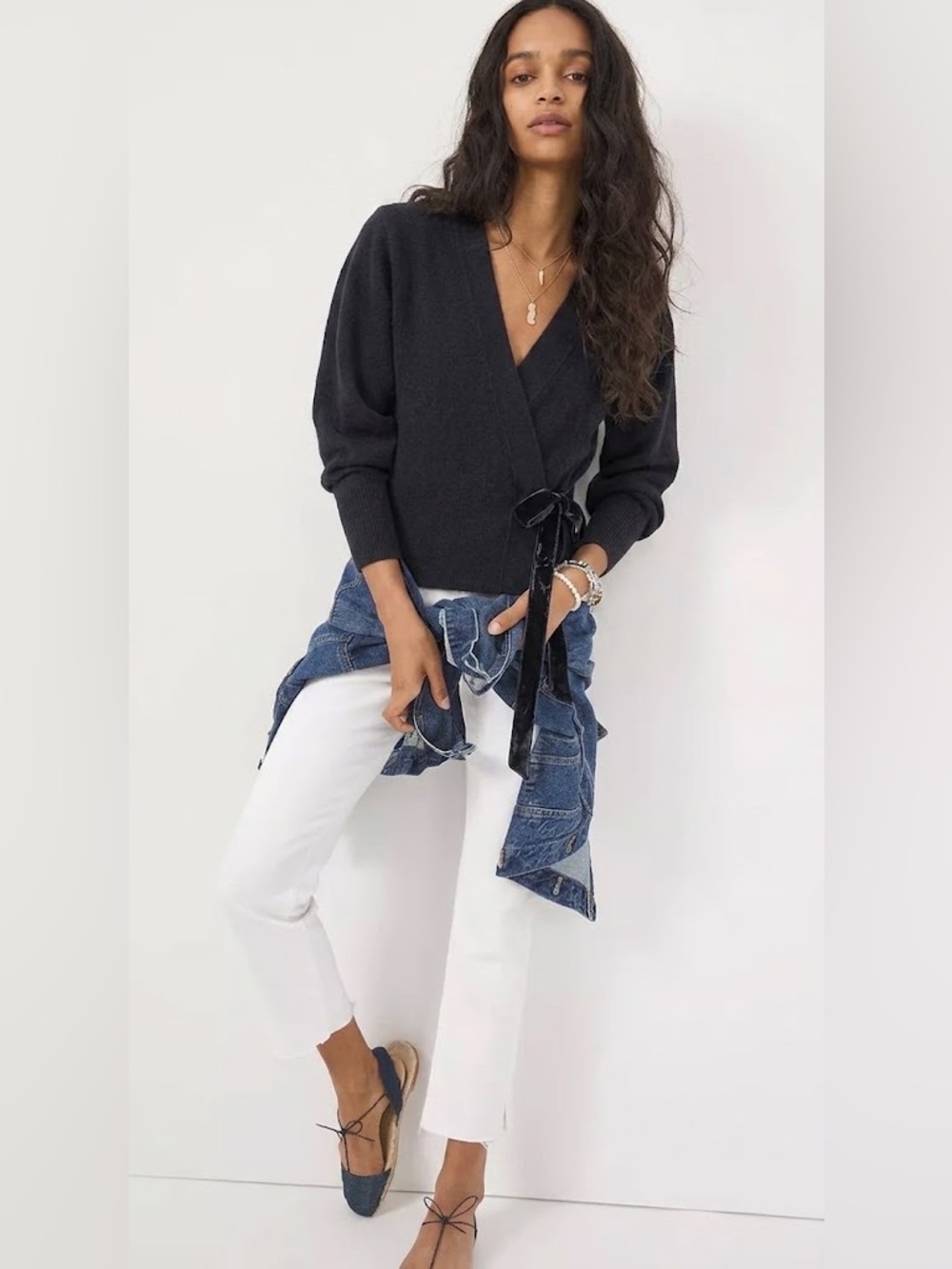 By Anthropologie Black Wrap V-Neck Women's Sweater with Velvet Tie Closure - Picture 2 of 9